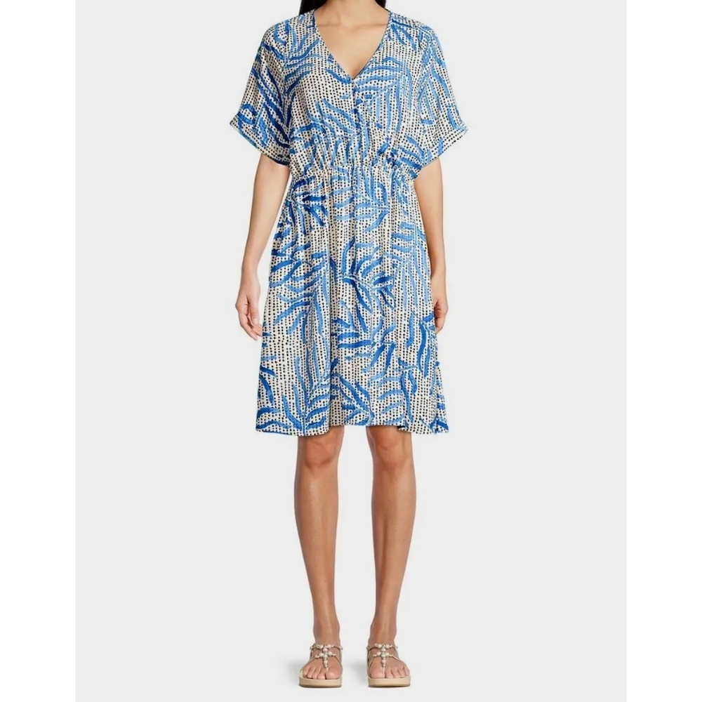 Nic+Zoe Blue Self-Tie V-Neck Palm Dot Wrap Women's Dress Size XL